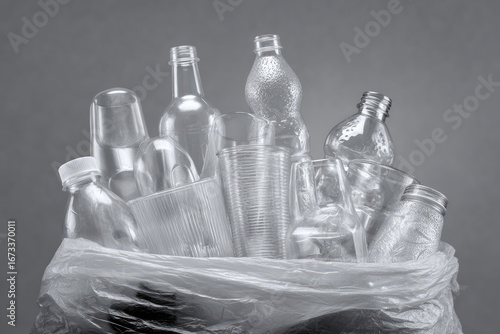 Plastic and glass bottles and cups in a trash bag