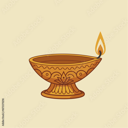 Ornate golden oil lamp with a flickering flame, a traditional Indian design.