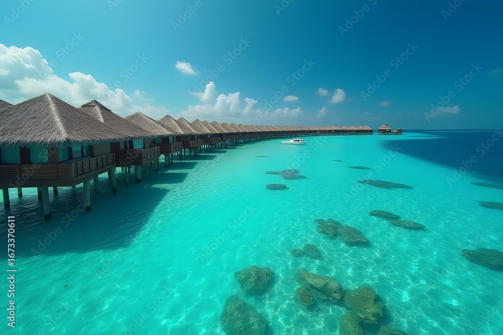 Obraz premium Welcome to Maldives – glowing turquoise sign on overwater villas above crystal-clear lagoons, cinematic 4K. 