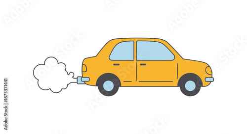 Yellow car emitting exhaust fumes on a clean white background