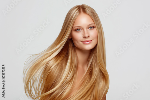 A young blonde woman with natural hair color looks directly at the camera against a light gray background, studio photograph.