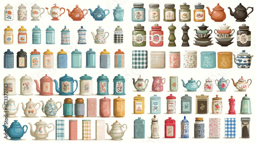 Vintage kitchen set with colorful jars, teapots, spices, and storage containers. Ideal for retro cooking illustrations, culinary designs, and home decor artwork.