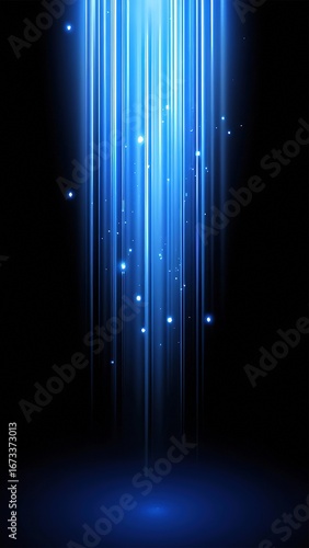 Abstract glowing blue vertical light rays on black background with stars and sparkles. Tech, science, technology design concept background, vector illustration.