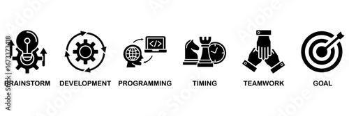 Hackathon icon set vector illustration concept with icon of design sprint-like social coding event with icon of brainstorm, development, programming, timing, speed, teamwork, and goal