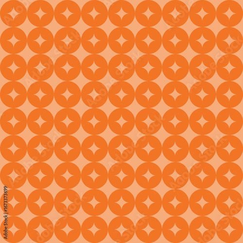 Seamless retro geometric pattern with orange circular shapes and star-like centers on a peach background. Abstract repeating design with bold, vibrant colors, perfect for textile design, wallpaper,