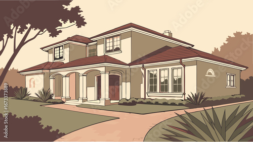 Suburban Home Exterior Design Illustration.