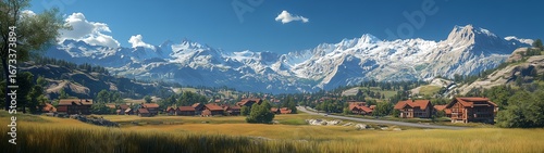 Wallpaper Mural Swiss alpine village sunset street scene with snow mountains, golden hour aerial view, red roof houses green fields road, cinematic hyperrealistic landscape
 Torontodigital.ca