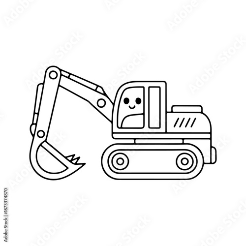 Excavator with cheerful operator working on a construction site during daytime