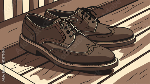 Brown Leather Wingtip Shoes on Wooden Surface Classic Mens Footwear Illustration.