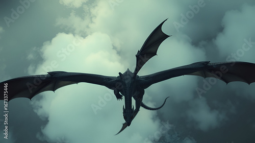 Create a realistic, cinematic overhead shot of two dragons flying overhead together in unison, a black dragon with wings and horns and four claws