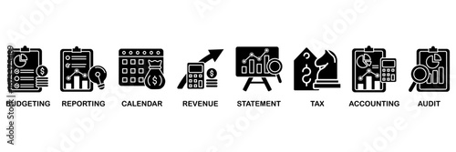 Fiscal year icon set vector illustration concept with icon of budgeting, reporting, calendar, revenue, statement, tax, accounting, audit