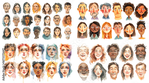 Hand-painted watercolor portraits of diverse people with expressive faces. Perfect for art projects, diversity themes, character design, and emotional illustration.