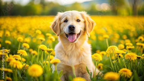 A cute golden retriever puppy sitting in a green summer meadow