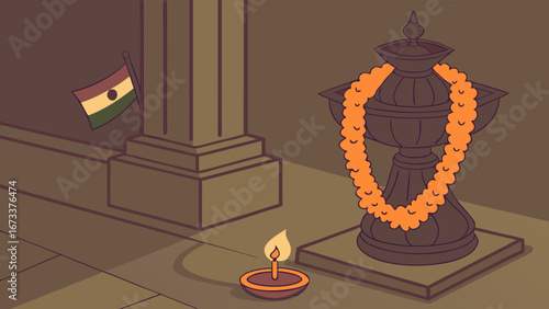 A Traditional Religious Setting with a Small Lantern and Garland.