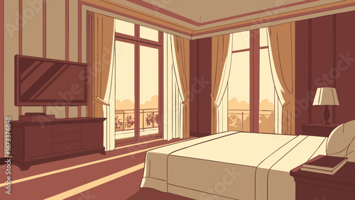 A Cartoon Interior Bedroom with a large window.