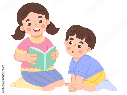 Illustration of an older sister reading a book to a younger brother