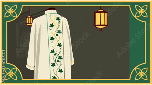 Elegant garment design with floral pattern and hanging lanterns.