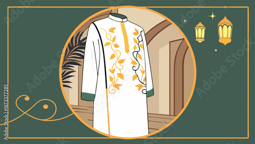 Artwork of a white Thobe with floral design adorned with lanterns and stars in an Islamic style perfect for cultural and religious themes.