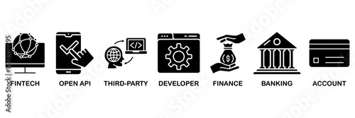 Open banking icon set vector illustration concept with icon of financial technology with an icon of the fintech, coding, open API, finance, banking, third party developer, and account