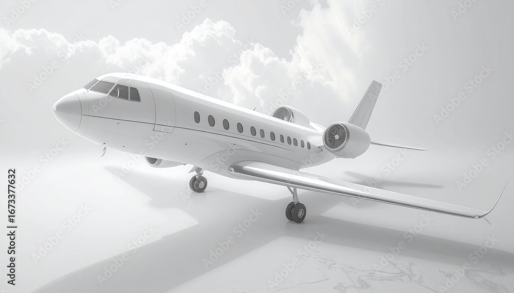 Obraz premium Monochrome high-key image of a luxury private jet against a sky with clouds