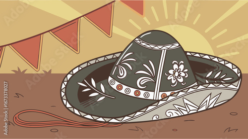 A sombrero hat resting on the ground with festive bunting and a sun in the background.
