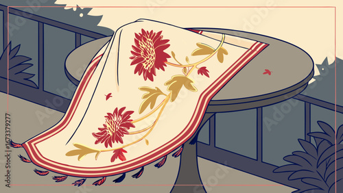 Ornate Tablecloth Draped Over a Table.