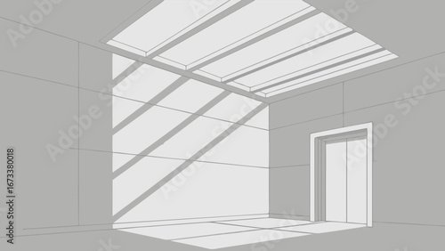 Modern minimalist interior design sketch with skylight and elevator.