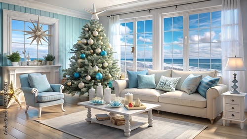 Coastal Christmas Living Room with Ocean View and Decorated Tree in Beach House