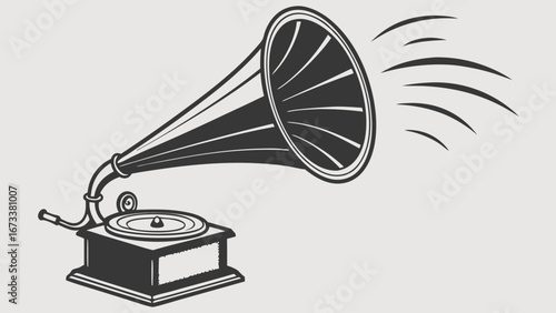 Vintage Gramophone Illustration Retro Music Player Design Antique Sound Device Nostalgia Graphic Black and White Vector Art.