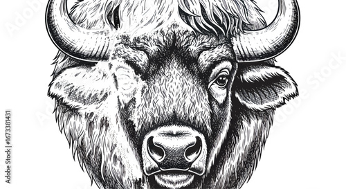 Detailed black and white buffalo head illustration