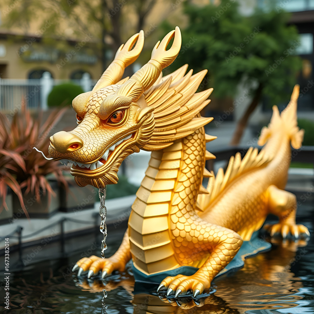 Fototapeta premium golden dragon statue spouting water with detailed scales and fierce expression in outdoor setting