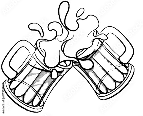 Two beer mugs clinking together with splashing foam isolated