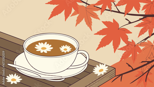 A cup of tea with flowers and autumn leaves on a wooden table.