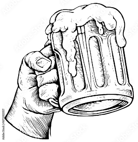 Hand holding a full beer mug with overflowing foam isolated