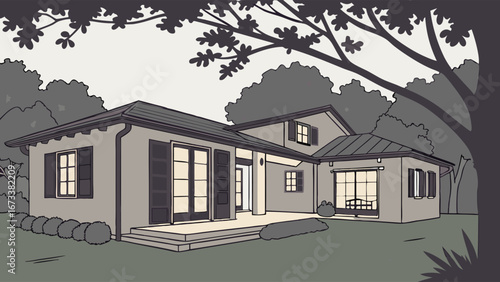 Contemporary House Exterior Suburban Home Design Residential Architecture Illustration.
