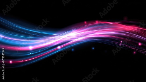 Abstract, vibrant, glowing, wavy lines of pink and blue light against a black background