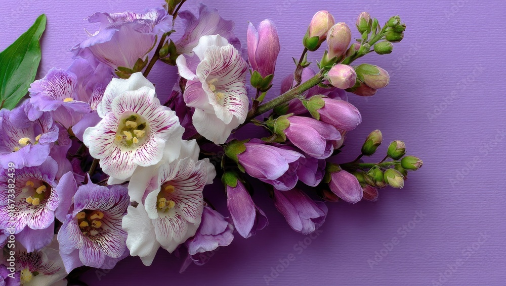 Fototapeta premium Purple and white flowers arranged on a lilac background