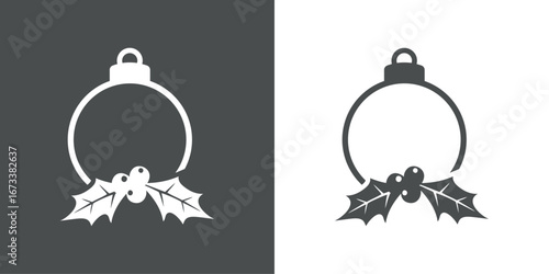 Tiempo de Navidad. Logo con silueta de bola de navidad con hojas y bayas de acebo para su uso en tarjetas y felicitaciones
