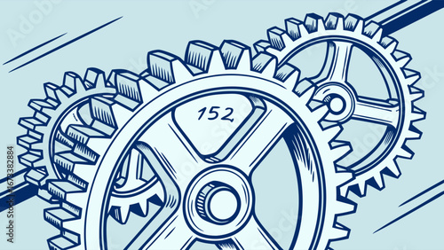 Interlocking gears mechanical engineering industrial design cogwheels blueprint vector art technical drawing.