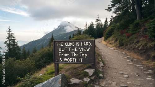 Motivational sign on a mountain hiking trail with a cloudy peak.