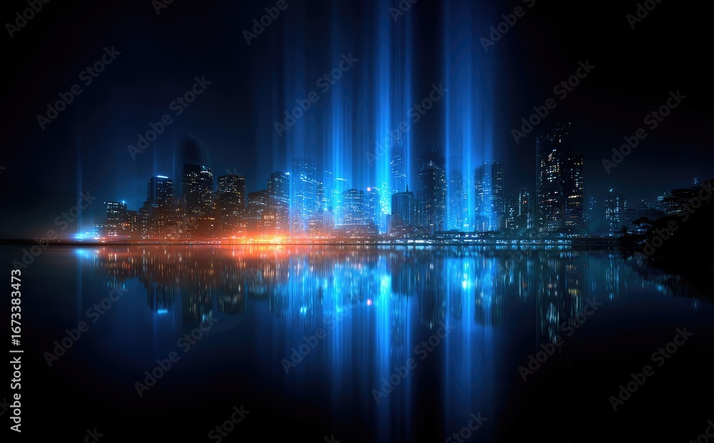 Obraz premium City skyline at night, illuminated by vibrant light beams reflecting on water