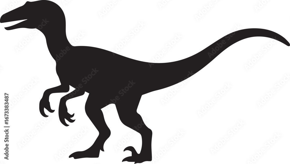Fototapeta premium black velociraptor vector silhouette with open mouth claws and tail isolated on white background prehistoric predator