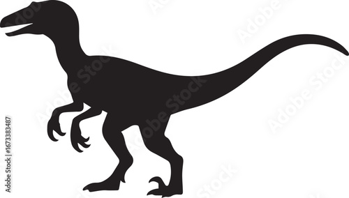 black velociraptor vector silhouette with open mouth claws and tail isolated on white background prehistoric predator