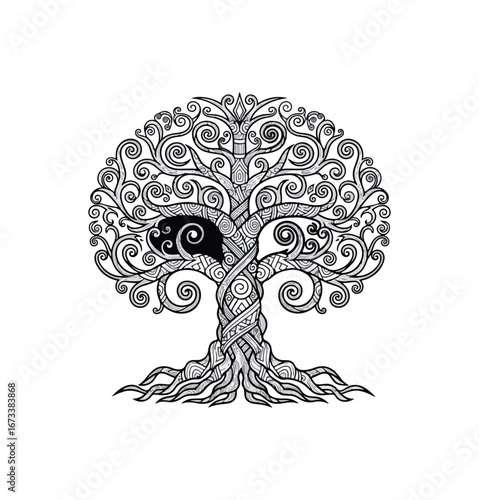 Ornamental black and white decorative tree illustration