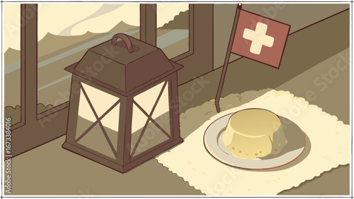 A Swiss-themed still life with lantern and dessert.