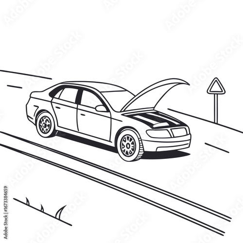 Vector art of car with open hood on the road with warning sign vehicle breakdown