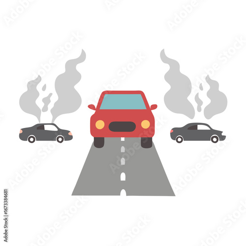 Illustration of cars emitting smoke on the road, , depicting pollution environmental issues
