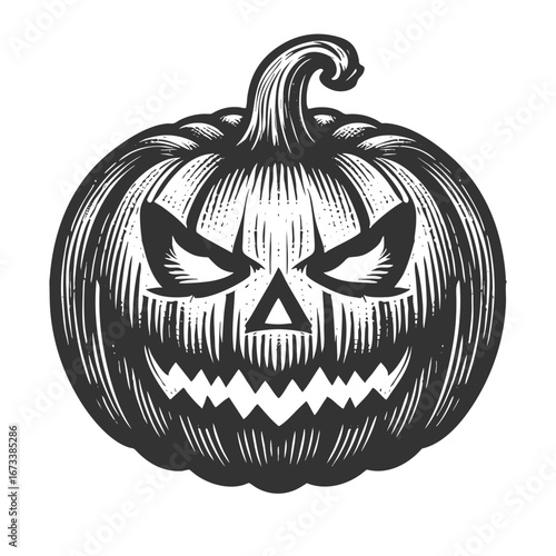 carved jack-o-lantern pumpkin with an eerie, menacing face for Halloween decoration sketch engraving generative ai vector illustration. Scratch board imitation. Black and white image.
