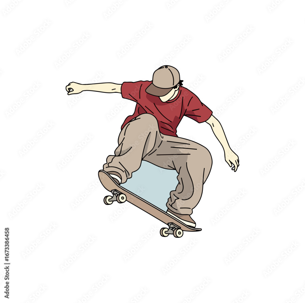 Fototapeta premium Skater performing a skateboard trick line art illustration