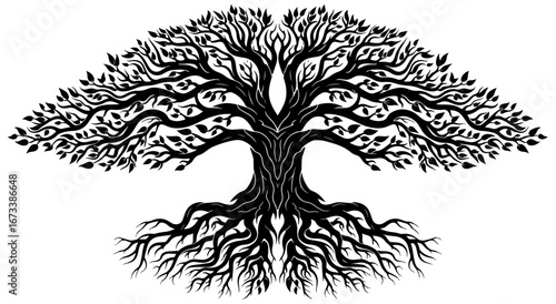Symmetrical black and white tree graphic